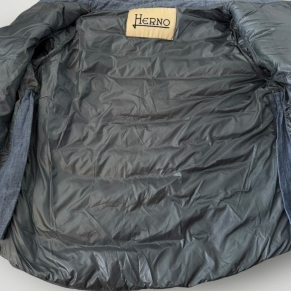 Herno Puffer Jacket Medium Blue Linen Blend Coat Quiet Luxury Italian Designer - Picture 4 of 15